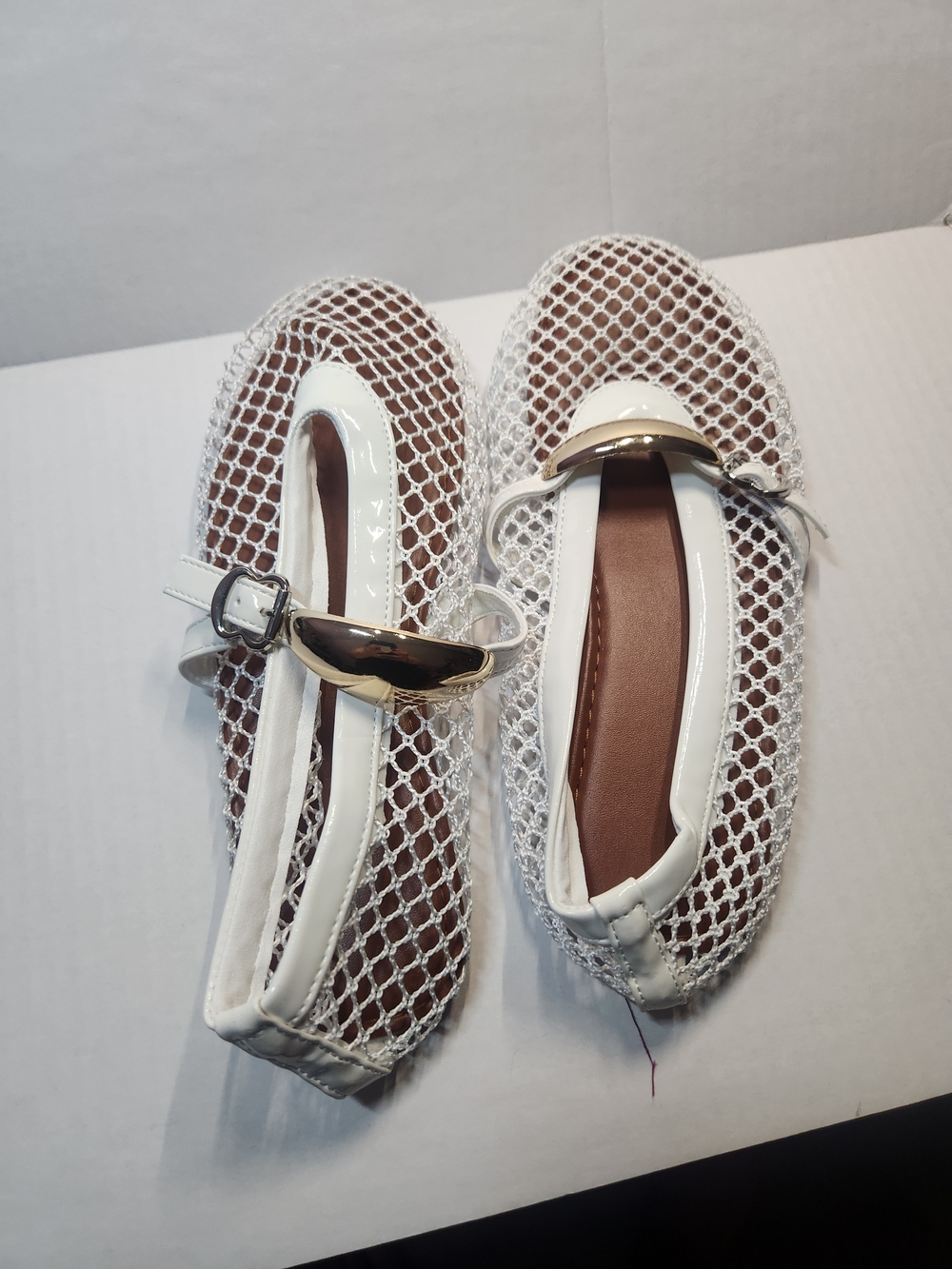 White Mesh Mary Jane Flats with Gold Accent